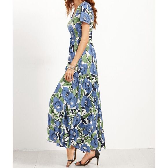 ✨ Flower Print V-Cut Button Shirt Waist Dress - Picture 3 of 4